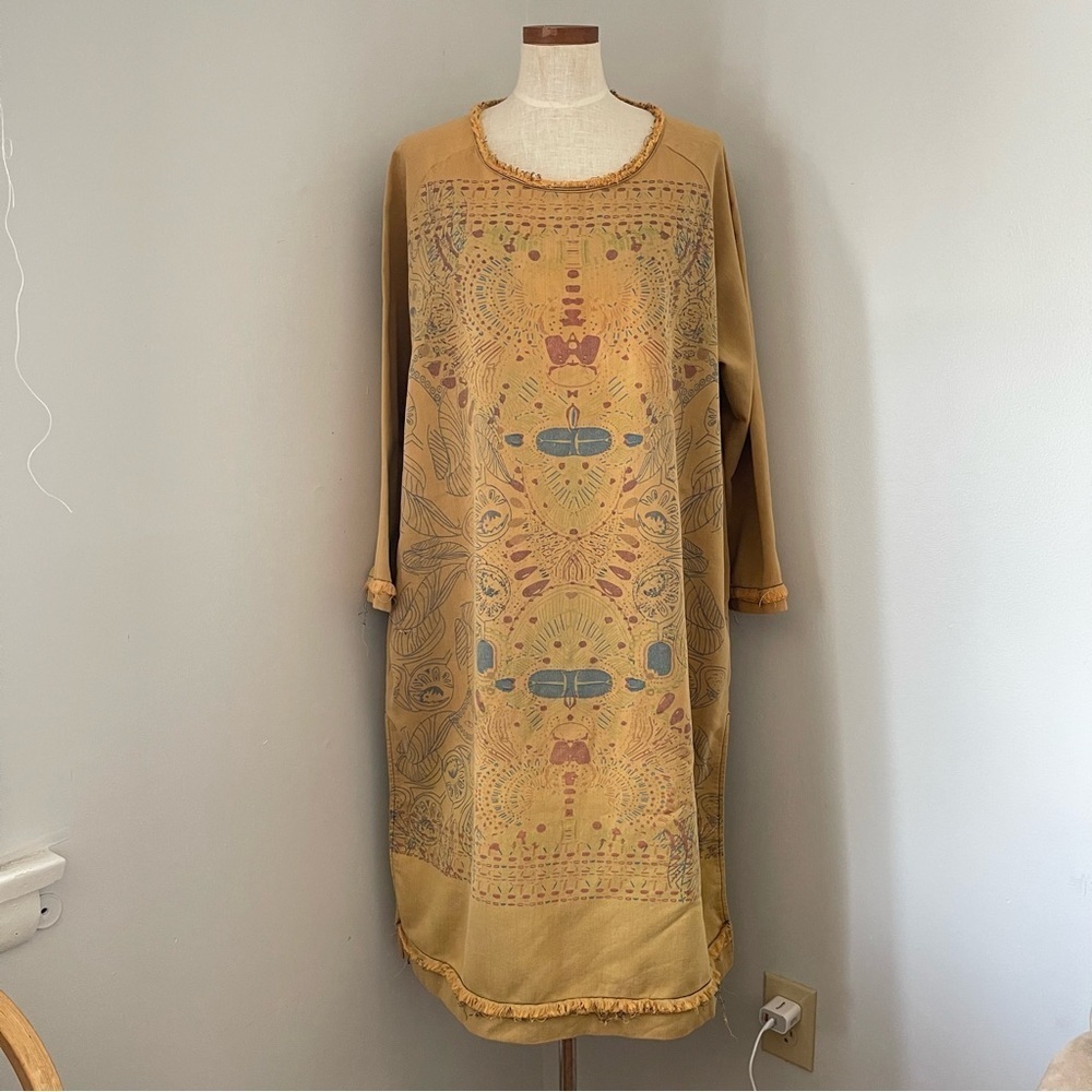 Bohemian Yellow Totem print cotton long tunic lagenlook dress size Large